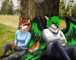  absurd_res anthro body breasts canid canine canis clothing custom duo felid feline female furry half hi_res hoodie hybrid invalid_tag jacket lucareelo male male/female mammal openych other park plant pose sfw shirt shoftshade sitting suit topwear tree up wings wolf ych ychcommission 