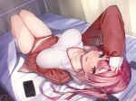  1girl arm_up bed bed_sheet blush breasts breasts_apart buruma cellphone heterochromia highres hololive houshou_marine jacket knees_up koubou_(cowbow_kun) large_breasts long_hair long_sleeves looking_at_viewer lying on_back on_bed open_clothes open_jacket open_mouth phone red_buruma red_eyes red_hair red_jacket shirt sleeves_past_wrists smartphone smile socks solo twintails virtual_youtuber white_shirt white_socks yellow_eyes 
