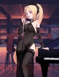  1girl absurdres aki_rosenthal asymmetrical_bangs bangs bar_(place) bare_shoulders black_dress blonde_hair bob_cut detached_sleeves dress highres hoanglong13hl1 holding holding_microphone hololive instrument lipstick makeup microphone microphone_stand parted_bangs piano ponytail purple_eyes short_hair solo thighhighs virtual_youtuber 