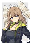  1girl bangs black_bodysuit black_choker black_jacket blue_eyes bodysuit breast_tattoo breasts brown_hair choker cleavage eunie_(xenoblade) head_wings highres hood jacket large_breasts long_hair looking_at_viewer medium_hair mochimochi_(xseynao) open_clothes open_jacket smile solo tattoo translation_request white_wings wings xenoblade_chronicles_(series) xenoblade_chronicles_3 