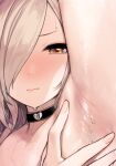  1girl armpits black_choker blonde_hair blush brown_eyes choker closed_mouth commentary_request hair_over_one_eye highres lips looking_at_viewer mole mole_on_armpit nino_(sunaba_suzume) nude original solo sunaba_suzume sweat sweatdrop upper_body 
