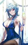  1girl abc_(user_wvss2873) alternate_costume armpit_crease blue_dress blue_hair blue_nails breasts brown_thighhighs cleavage cup dress eula_(genshin_impact) flower garter_straps genshin_impact gradient_eyes hair_flower hair_ornament hairband highres holding holding_cup jewelry large_breasts looking_at_viewer medium_hair multicolored_eyes necklace parted_lips pelvic_curtain purple_eyes simple_background sitting smile solo thighhighs white_hairband wristlet 