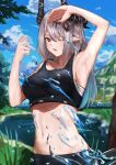  1girl absurdres arknights arm_up armpits bangs bare_arms bare_shoulders blue_sky breasts cloud commentary crop_top day etobane grey_hair hand_up highres horns large_breasts long_hair looking_at_viewer midriff mudrock_(arknights) navel one_eye_closed oripathy_lesion_(arknights) pointy_ears red_eyes sky solo sports_bra stomach upper_body very_long_hair water 