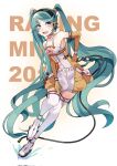  1girl absurdly_long_hair aqua_hair cable character_name copyright_name dated_commentary elbow_gloves english_text flame_print full_body gloves goodsmile_racing hand_on_hip hatsune_miku headset highres kusunokimizuha long_hair looking_at_viewer microphone purple_eyes racing_miku racing_miku_(2010) simple_background sleeveless smiley_face solo spaghetti_strap text_print twintails very_long_hair vocaloid wavy_hair 