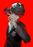  1boy amamiya_ren black_hair btmr_game card closed_mouth highres holding holding_card looking_at_viewer persona persona_5 red_background red_theme school_uniform simple_background solo 