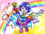  1girl blue_eyes blue_hair blush boots cloak crystal dress hair_between_eyes hairband highres holding jewelry magatama magatama_necklace miracle_mallet multicolored_clothes multicolored_dress multicolored_hairband necklace open_mouth pink_footwear pote_(ptkan) rainbow rainbow_gradient short_hair single_wing sky_print smile solo sorcerer&#039;s_sutra_scroll tenkyuu_chimata touhou white_cloak wings 