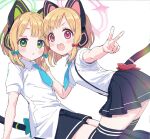  2girls :d aqua_bow black_shorts black_skirt black_thighhighs blonde_hair blue_archive blue_necktie blush bow cat_ear_headphones collared_shirt fake_tail green_eyes hair_bow halo headphones highres looking_at_viewer midori_(blue_archive) momoi_(blue_archive) multiple_girls necktie parted_lips pink_eyes pleated_skirt red_bow shirt short_sleeves shorts siblings simple_background sisters skirt smile suspenders tail tail_bow tail_ornament thighhighs tibaridooor twins v white_background white_shirt 