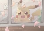  :3 against_glass animal_focus blush blush_stickers brown_eyes cherry_blossoms clock commentary_request gerigoo hand_up happy highres indoors looking_at_viewer no_humans open_mouth petals pokemon pokemon_(creature) sketch smile spring_(season) straight-on window 