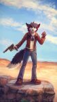  2019 9:16 anthro black_body black_fur black_nose blue_bottomwear blue_clothing blue_pants blue_sky bottomwear brown_clothing brown_jacket brown_topwear canid clothed clothing cloud dated denim denim_clothing dessert fluffy fluffy_tail food front_view full-length_portrait fur glistening glistening_eyes grey_hair gun hair handgun hi_res holding_gun holding_handgun holding_object holding_weapon jacket jeans jewelry looking_at_viewer male mammal mylafox narrowed_eyes necklace outside pants portrait prosthetic prosthetic_arm prosthetic_limb ranged_weapon short_hair signature sky solo standing topwear weapon white_body white_clothing white_fur white_topwear yellow_eyes 