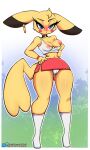  2022 absurd_res anthro blush bottomwear breasts camel_toe clothing ear_piercing female fur generation_1_pokemon hi_res kyodashiro miniskirt nintendo nipples one_breast_out panties piercing pikachu pokemon pokemon_(species) skirt solo text underwear url video_games wide_hips yellow_body yellow_fur 