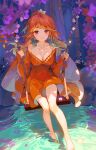  1girl akizero1510 bangs bare_legs bare_shoulders barefoot blush breasts cleavage closed_mouth collarbone dress earrings feather_earrings feathers flower high_ponytail highres hololive hololive_english jewelry long_hair long_sleeves looking_at_viewer medium_breasts necklace off_shoulder orange_dress orange_hair outdoors purple_eyes purple_flower red_eyes sitting smile soaking_feet solo swing takanashi_kiara virtual_youtuber water white_flower wide_sleeves 