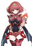  1girl absurdres bangs black_gloves breasts chest_jewel earrings etoria fingerless_gloves gloves highres jewelry large_breasts pyra_(xenoblade) red_eyes red_hair red_shorts short_hair short_shorts shorts solo swept_bangs thighhighs tiara xenoblade_chronicles_(series) xenoblade_chronicles_2 