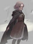  1girl black_cloak brown_dress cloak closed_mouth dress elden_ring facial_tattoo highres hood hooded_cloak light_brown_hair looking_at_viewer melina_(elden_ring) one-eyed pants pants_under_dress scar scar_across_eye short_hair snow snowing solo tattoo yoruniyoruyoshi 