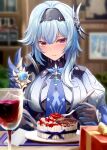  1girl absurdres alcohol bangs black_gloves black_hairband blue_hair blue_necktie blurry blurry_background blurry_foreground blush bodysuit box breasts butterfly_hair_ornament cake closed_mouth cup drinking_glass eula_(genshin_impact) food fork genshin_impact gift gift_box gloves gradient_eyes hair_between_eyes hair_ornament hairband happy_birthday highres holding holding_fork holding_knife knife large_breasts long_hair looking_at_viewer mon-chan multicolored_eyes necktie purple_eyes solo vision_(genshin_impact) wine_glass 