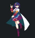  1girl 4qw5 blue_hair boots cape cloak dress multicolored_clothes multicolored_dress multicolored_hairband patchwork_clothes pink_footwear pixel_art pointing pointing_down purple_eyes rainbow_gradient short_hair solo tenkyuu_chimata white_cape white_cloak yellow_bag yellow_sleeves zipper 