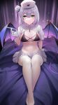  1girl azur_lane bat_wings bed black_bra bra breasts closed_mouth demon_tail gloves green_eyes grey_hair hair_between_eyes hat highres holding holding_syringe looking_at_viewer manchester_(azur_lane) medium_breasts navel nurse nurse_cap official_alternate_costume on_bed qing_wu short_hair skirt smile solo stomach syringe tail thighhighs underwear white_gloves white_skirt white_thighhighs wings 