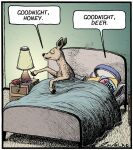  ambiguous_gender animate_inanimate anthro bed bedding bedroom blanket book cervid comic detailed_background duo english_text eyes_closed food furniture honey_(food) hooves humor inside jar lamp mammal nightstand on_bed pillow pun signature text tony_zuvela 