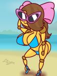  animate_inanimate beach big_bow big_breasts big_butt bikini_thong blue_high_heels breasts brown_hair butt clothing curvy_figure doll eyewear female hair hi_res inanimate_object object_shows onyx666 pink_bow plastic seaside solo sunglasses swimwear two_piece_swimsuit 