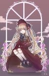  199993 1girl bangs blonde_hair blue_eyes bonnet closed_mouth cloud dress drill_hair expressionless flower highres long_hair looking_to_the_side pink_flower pink_rose red_dress rose rozen_maiden shinku solo twintails 