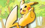  animal_focus blush_stickers brown_eyes commentary_request day dutch_angle forest full_body gerigoo jumping nature no_humans open_mouth outdoors pikachu pokemon pokemon_(creature) solo tree 