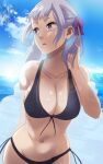  1girl bikini black_bikini black_clover breasts cleavage hair_ribbon highres looking_to_the_side navel noelle_silva pink_eyes ribbon signature solo swimsuit the_amazing_gambit twintails white_hair 