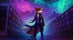 16:9 2018 anthro black_body black_clothing black_coat black_fur black_topwear blue_eyes bottomwear canid canine closed_smile clothed clothing cloud coat dated dipstick_tail fox front_view full-length_portrait fur glistening glistening_eyes headphones headphones_around_neck holding_object male mammal markings mouth_closed multicolored_body multicolored_fur mylafox narrowed_eyes orange_body orange_fur pants portrait server signature solo standing tail_markings topwear white_body white_fur widescreen 