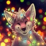 1:1 anthro blurred_background bust_portrait canid canine christmas_lights eyes_closed fangs front_view fur grin hair happy male mammal multicolored_hair mylafox nude pink_body pink_fur pink_hair portrait smile solo text two_tone_hair url white_body white_fur white_hair 