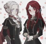  2girls absurdres blush breasts cape closed_mouth edelgard_von_hresvelg fire_emblem fire_emblem:_three_houses fire_emblem_warriors:_three_hopes garreg_mach_monastery_uniform gloves hair_bun hair_ornament highres illust_mi long_hair long_sleeves looking_at_viewer monica_von_ochs multiple_girls red_eyes red_hair ribbon short_hair simple_background smile upper_body white_hair 