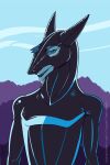  absurd_res anthro black_rubber black_rubber_suit blue_body blue_fur clothing fur glistening glistening_clothing hi_res hood latex male mask mitokep northern_sergal rubber rubber_clothing rubber_mask rubber_suit sergal simple_background sky solo solo_focus standing 