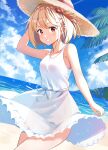  .com_(bot_com1) 1girl :d arm_up bare_arms bare_shoulders blonde_hair blue_sky cloud cowboy_shot day dress grin hair_ribbon hat highres looking_at_viewer lycoris_recoil nishikigi_chisato ocean outdoors parted_lips red_eyes red_ribbon ribbon see-through short_hair sky sleeveless sleeveless_dress smile solo straw_hat sundress water white_dress yellow_headwear 
