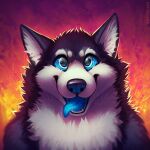  1:1 abstract_background alaskan_malamute anthro black_body black_fur blue_sclera blue_tongue bust_portrait canid canine canis cheek_tuft chest_tuft domestic_dog facial_tuft fangs front_view fur glistening glistening_eyes head_tuft hi_res looking_at_viewer male mammal mylafox neck_tuft nordic_sled_dog nude open_mouth open_smile portrait smile solo spitz text tongue tongue_out tuft url white_body white_fur 