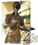  apron aragami_oga barista black_hair cafe cup dark-skinned_male dark_skin dated eyepatch green_apron hampa_sahara_(artist) holding holding_cup holding_tray holostars horns jug male_focus shirt signature single_horn solo tray virtual_youtuber 