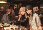  2girls bangs black_hair black_shirt blonde_hair blurry blurry_background bowl butler chopsticks faceless faceless_male glass grey_eyes grey_pants indoors jewelry light long_hair long_sleeves looking_at_viewer medium_hair multiple_girls necklace original pants people restaurant shirt short_sleeves sitting smile table tanjiu tree v white_shirt yellow_eyes 