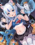  1girl :d absurdres animal_ear_fluff animal_ears bloop_(gawr_gura) blue_eyes blue_hair blush breasts candy cat_ears fish_tail food gawr_gura grey_hair hair_ornament hairclip halloween halloween_costume hands_up highres hololive hololive_english jack-o&#039;-lantern long_hair looking_at_viewer medium_hair multicolored_hair navel nekopurin_(nyanko_prin) open_mouth pantyhose polearm pumpkin shark_girl shark_hair_ornament shark_tail sharp_teeth skirt small_breasts smile streaked_hair tail teeth trident two_side_up upper_teeth virtual_youtuber weapon white_pantyhose wing_hair_ornament wristband 