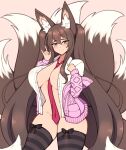  1girl absurdres animal_ear_fluff animal_ears bangs between_breasts black_thighhighs bow_legwear breasts brown_hair closed_mouth commentary english_commentary green_eyes hair_between_eyes highres jacket large_breasts long_hair long_sleeves looking_at_viewer multiple_tails necktie necktie_between_breasts off_shoulder open_clothes open_jacket open_shirt original pink_jacket red_necktie shirt simple_background smile solo standing striped striped_thighhighs tail the_scarlet_devil thighhighs twintails very_long_hair white_shirt 