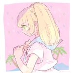  1girl blonde_hair braid closed_eyes green_eyes hands_up katiko lillie_(pokemon) long_hair palm_tree pokemon pokemon_(creature) pokemon_(game) pokemon_sm ponytail shirt short_sleeves smile tree twitter_username upper_body white_shirt wingull 