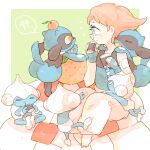  1girl bandage_on_face bandages barefoot blue_eyes blue_gloves fingerless_gloves food food_on_head fruit fruit_on_head gloves hands_up holding holding_food katiko maylene_(pokemon) meditite object_on_head orange_(fruit) pants pink_hair pokemon pokemon_(creature) pokemon_(game) pokemon_dppt riolu short_hair sitting white_pants 