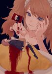  2girls bangs black_background black_jacket black_shirt black_thighhighs blonde_hair blood blood_from_mouth breasts brown_hair chi_(hnnmemi) closed_mouth collarbone danganronpa:_trigger_happy_havoc danganronpa_(series) danganronpa_2:_goodbye_despair egg enoshima_junko food from_side jacket ketchup large_breasts long_hair lying maid_headdress medium_hair minigirl monokuma multiple_girls nail_polish neck_ribbon no_shoes on_back open_clothes open_jacket red_nails red_ribbon ribbon shirt simple_background thighhighs twintails two-tone_shirt 