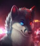  2019 anthro backlighting blue_eyes blurred_background bust_portrait canid dated dipstick_ears fur glistening glistening_eyes grey_hair hair heterochromia hi_res light lighting male mammal mouth_closed multicolored_ears multicolored_hair mylafox portrait red_body red_eyes red_fur red_hair short_hair signature solo two_tone_hair whiskers white_body white_fur 