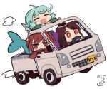  3girls :d aqua_hair brown_hair car cloak closed_eyes closed_mouth dated drill_locks driving grass_root_youkai_network ground_vehicle imaizumi_kagerou maaru_(akira428) mermaid monster_girl motor_vehicle multiple_girls open_mouth red_eyes red_hair sekibanki short_hair simple_background smile touhou wakasagihime white_background 