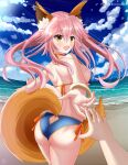  1girl animal_ears ass beach bikini blue_bikini breasts butt_crack cowboy_shot dress fate/grand_order fate_(series) floating_hair fox_ears fox_girl fox_tail from_behind helvetica_std highres large_breasts long_hair looking_at_viewer looking_back ocean orange_eyes pink_dress pov pov_hands shoulder_blades sideboob sky solo_focus swimsuit tail tamamo_(fate) tamamo_no_mae_(fate/extra) 