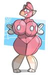  2018 animate_inanimate anthro avian beak belly big_breasts bird breast_squish breasts claws dogfluid eyelashes female hair hi_res huge_breasts inflatable living_inflatable orange_body paws pink_body pink_eyes pink_hair solo squish thick_thighs white_body wide_hips 