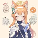  4girls ako_(blue_archive) animal_ear_fluff animal_ears blue_archive bottle closed_eyes closed_mouth facing_viewer flower hair_flower hair_ornament hair_ribbon hairband halo hasumi_(blue_archive) hasumi_(gym_uniform)_(blue_archive) holding holding_bottle holding_towel jacket light_blush long_hair long_sleeves mari_(blue_archive) mari_(gym_uniform)_(blue_archive) multicolored_clothes multicolored_jacket multiple_girls musical_note official_alternate_costume orange_hair ribbon sidelocks simple_background smile solo_focus spoken_musical_note towel track_jacket two-tone_jacket water_bottle white_flower white_hairband white_ribbon wotakana_s yuuka_(blue_archive) yuuka_(gym_uniform)_(blue_archive) 
