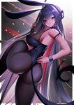  1girl :3 absurdly_long_hair animal_ears ass azur_lane black_leotard bodystocking breasts fake_animal_ears gdat highres large_breasts leg_up leotard long_hair new_jersey_(azur_lane) new_jersey_(exhilarating_steps!)_(azur_lane) official_alternate_costume oversized_breast_cup playboy_bunny pole purple_eyes purple_hair rabbit_ears solo standing standing_on_one_leg strapless strapless_leotard stripper_pole very_long_hair 