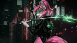  animated canid canine clothed clothing cybernetics cyberpunk female fox hair holding_object holding_weapon jacket katana leotard looking_at_viewer machine mammal melee_weapon mononi pink_body pink_hair science_fiction simple_background smile solo sword topwear weapon 