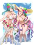  2girls abs bangs bare_shoulders bead_bracelet beads bikini blush bracelet braid braided_ponytail breasts burnt_green_tea circlet cleavage cloud cloudy_sky fingernails fire_emblem fire_emblem_heroes flower gem gold_trim green_hair hair_flower hair_ornament hat highres instrument jewelry large_breasts linea_alba lips loki_(fire_emblem) long_hair looking_at_viewer multiple_girls navel ocean official_alternate_costume one_eye_closed open_mouth purple_bikini purple_eyes purple_hair purple_nails sarong see-through shell_hair_ornament siblings single_braid sisters sky smile stomach straw_hat sunlight swimsuit tassel thorr_(fire_emblem) ukulele water white_bikini white_sarong yellow_eyes 