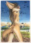  anthro avian binoculars bird breasts butt canid canine female fennec fox hi_res holding_object looking_away mammal nude side_boob sky solo syntech 