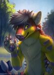  2019 anthro black_hair blue_sky dated fangs front_view fur glistening glistening_eyes grin hair half-length_portrait hi_res looking_at_viewer male mylafox nude outside pawpads plant portrait purple_pawpads red_body red_fur signature sky smile solo species_request tree white_body white_fur yellow_body yellow_eyes yellow_fur 