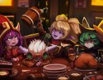  2022 absurd_res cake clothed clothing cranihum cutlery dessert eyewear eyewear_on_head female fingers food fork goggles goggles_on_head green_hair group hair hi_res kitchen_utensils knife league_of_legends lulu_(lol) open_mouth plate poppy_(lol) purple_hair riot_games tools tristana_(lol) video_games yordle 