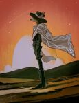 2022 4_fingers ambiguous_gender anthro boots clothed clothing cloud covered_eyes cowboy_boots digital_media_(artwork) fingers footwear gloves grass handwear hat headgear headwear hi_res hill holster plant qende red_sky sand shaded shooting_star side_view sky solo standing star 